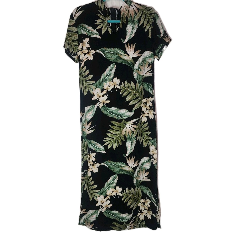 Vtg Hilo‎ Hattie Hawaiian Maxi Dress S Black White Floral Mandarin Collar Rayon